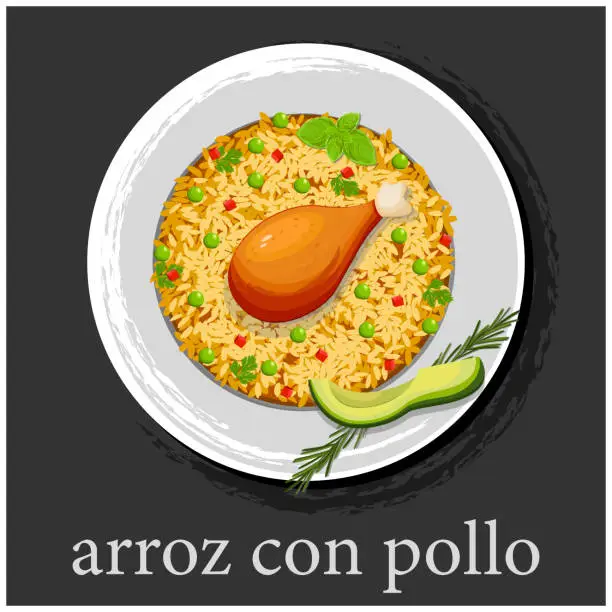Vector illustration of Arroz con pollo. Baked chicken pieces with bone, rice with paprika and peas.