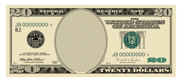 ilustraciones, imágenes clip art, dibujos animados e iconos de stock de dólar estadounidense 20 billete seria 1996 - billete de dólar americano dinero en efectivo aislado sobre fondo blanco. - billete de veinte dólares estadounidense