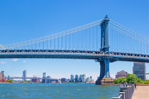 Manhattan Bridge, Residential Buildings of Manhattan Lower East Side, Williamsburg Bridge and Water of East River. Blue Morning Sky is in background, New York City, USA. Canon EOS 6D (full frame sensor) DSLR and Canon EF 24-105mm F/4L IS lens.