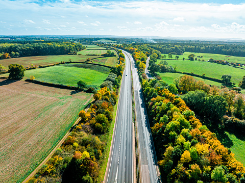 Drone view of Traffic on Motorway in England