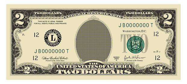 US Dollars 2 banknote -American dollar bill cash money isolated on white background. Vector illustration