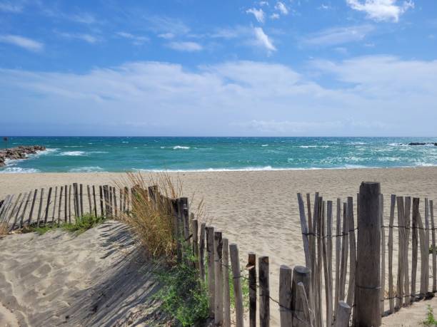 istock Wood fence on empty beach with sea behind it under blue cloudy sky 1450395238