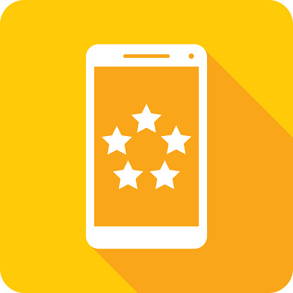 Vector illustration of a smartphone with five stars icon against a gold background in flat style.