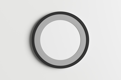 Dark wooden round frame poster mock up on the white wall. Front view. 3d illustration