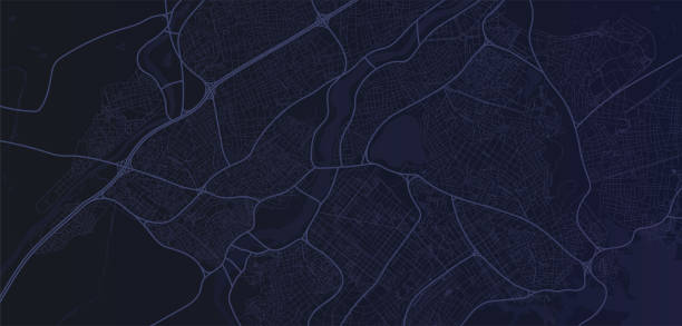 Dark city map concept Dark city map concept. Modern technologies and digital world, poster or banner for website. Geolocation and navigation, GPS. Cartography and geography, tourism. Realistic flat vector illustration royal blue stock illustrations