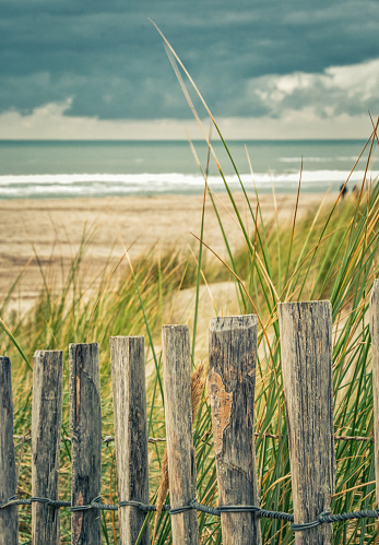 Wooden fence in front of dune with sea in background