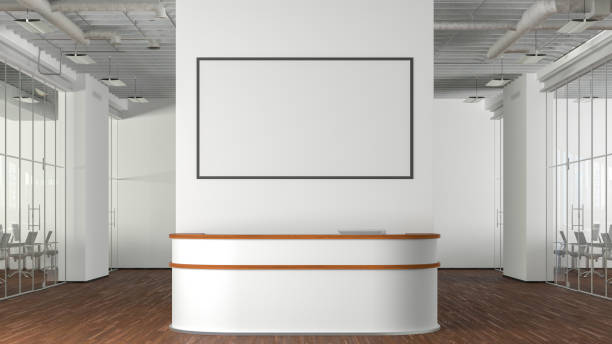 istock Blank horizontal poster mock up on the wall above office reception desk 1450399439