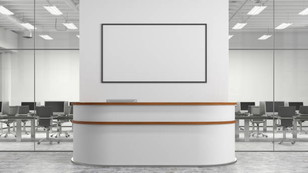istock Blank horizontal poster mock up on the wall above office reception desk 1450399796