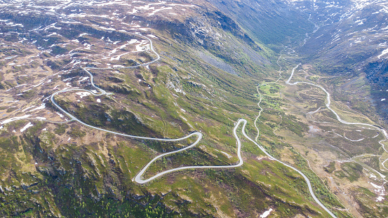 Aerial view of a winding road on the famous Sognefjell mountain pass road in Norway