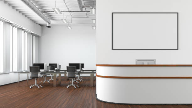 istock Blank horizontal poster mock up on the wall above office reception desk 1450400614