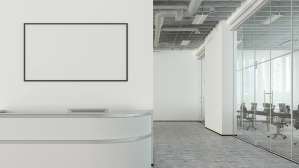 istock Blank horizontal poster mock up on the wall above office reception desk 1450400951