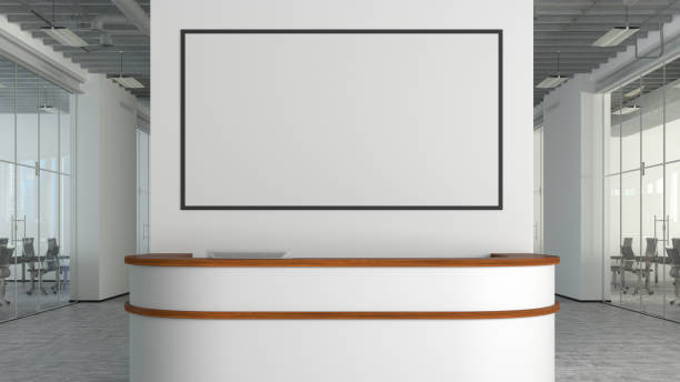 istock Blank horizontal poster mock up on the wall above office reception desk 1450401042