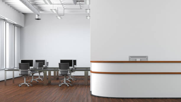 istock Blank white office wall mock up with office reception desk. 1450401336