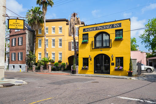 Charleston, South Carolina USA - May 3, 2022: The Andrew Pinckney Inn, a vintage boutique hotel, located in the historic downtown district.