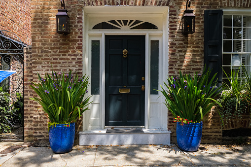 Charleston, South Carolina USA - May 3, 2022: Beautiful vintage architecture of the residential French Quarter district.