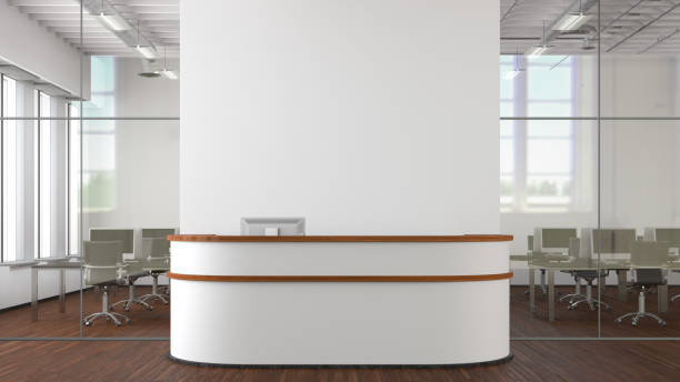 istock Blank white office wall mock up with office reception desk. 1450401671