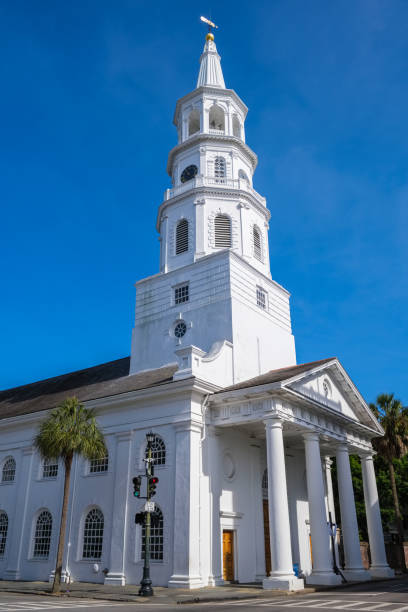 Charleston, South Carolina USA - May 3, 2022: The beautiful St. Michaels Church built in the 1760s located on Broad Street in the historic district.