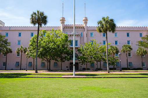 Charleston, South Carolina USA - May 3, 2022: The vintage architecture of the building dedicated to the Citadel and Military College located in Marion Square in the historic downtown district.