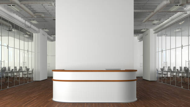 istock Blank white office wall mock up with office reception desk. 1450401725