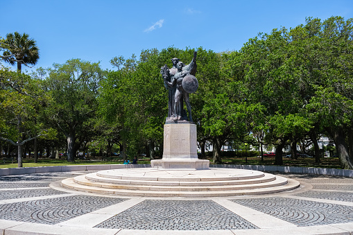 Charleston, South Carolina USA - May 3, 2022: The monument dedicated to the Confederate Defenders of Charleston at Fort Sumter located in the White Point Garden.
