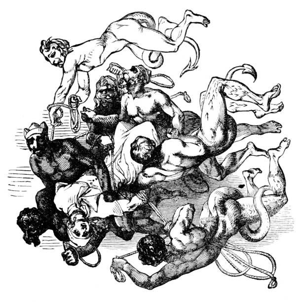 ilustraciones, imágenes clip art, dibujos animados e iconos de stock de apóstata atado por demonios, progreso del peregrino, literatura británica del siglo 17 - agnosticismo
