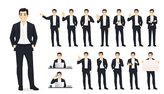 Asian business young man in black suit. Different poses set. Various gestures male character standing and sitting at the desk isolated vector illustration