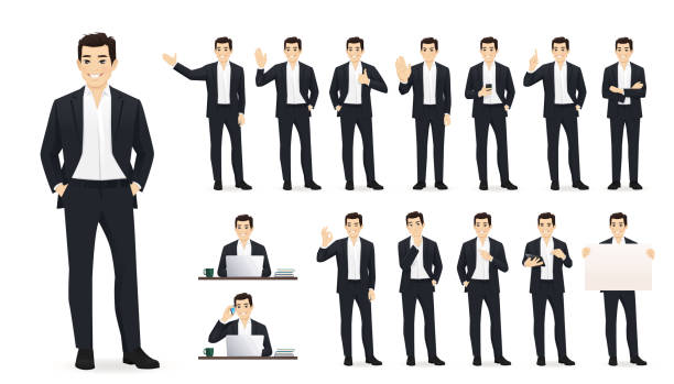 Asian business man set Asian business young man in black suit. Different poses set. Various gestures male character standing and sitting at the desk isolated vector illustration cartoon man standing stock illustrations