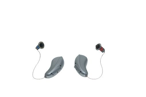 A pair of modern hearing aids - white background