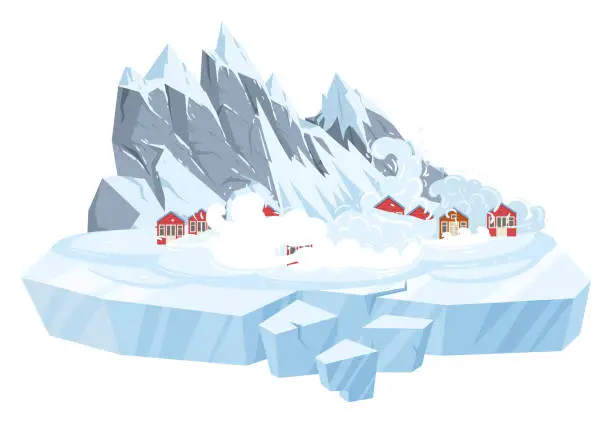 Vector illustration of Cartoon snow avalanche natural disaster. Snowy mountains catastrophe, ice and snow descends on village houses, winter season cataclysm flat vector illustration on white background