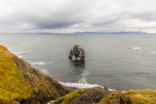 Hvítserkur is a 15 m high basalt stack along the eastern shore of the Vatnsnes peninsula, in northwest Iceland. The rock has two holes at the base, which give it the appearance of a dragon who is drinking. Several species of birds, such as gulls and fulmars, live at Hvítserkur and its name (