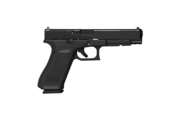 istock Modern semi-automatic pistol. A short-barreled 9mm caliber weapon for self-defense. Arming the police, special units and the army. Isolate on a white background. 1450414374