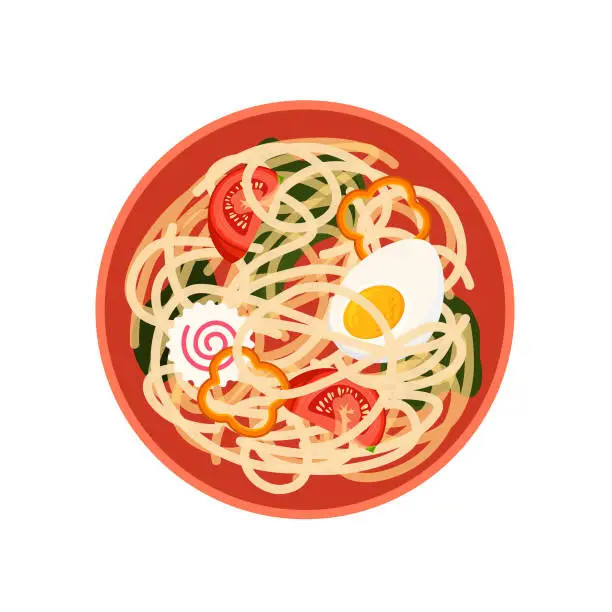 Vector illustration of Traditional asian ramen soup with in red bowl.