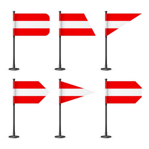 istock Realistic various Austrian table flags on a black steel pole. Souvenir from Austria. Desk flag made of paper or fabric, shiny metal stand. Mockup for promotion and advertising. Vector illustration 1450420998