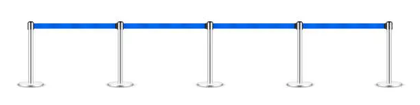 Vector illustration of Realistic blue retractable belt stanchion. Crowd control barrier posts with caution strap. Queue lines. Restriction border and danger tape. Attention, warning sign. Vector illustration