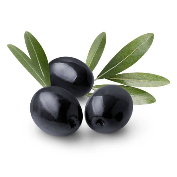 istock Delicious black olives with leaves on white 1450423242