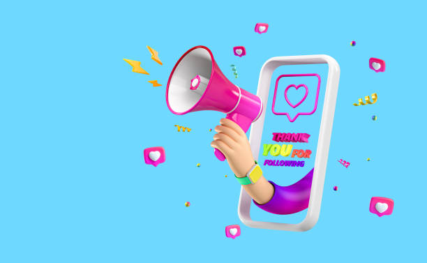 istock Post information alert from hand with megaphone or loudspeaker on a phone with pin like. Cartoon announce notification banner sign on a blue background. 3d render 1450425471