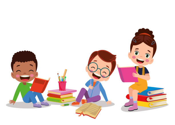 cute little kids having fun reading books cute little kids having fun reading books kid doing homework clip art stock illustrations