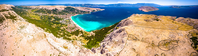 Baska stone desert heights aerial panoramic view on Krk island, Adriatic archipelago of Croatia