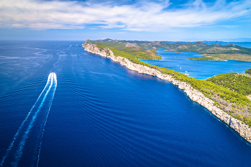 Telascica nature park cliffs on Dugi Otok island aerial view, Dalmatia archipelago of Croatia