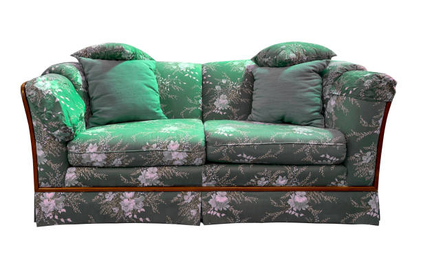 istock Green sofa with floral pattern and pillows on white background 1450442479