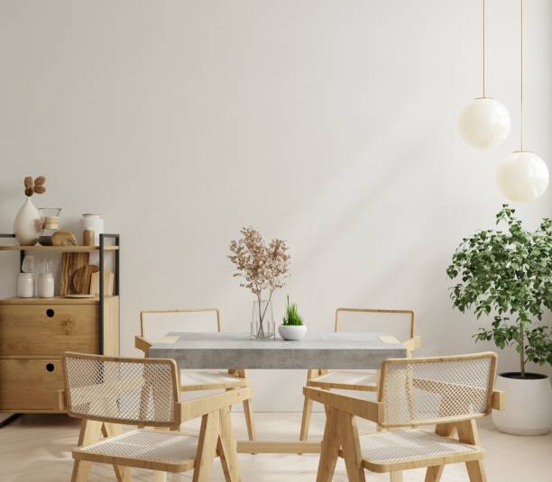 istock Modern dining room interior design with beige empty wall and minimal decor. 1450443775