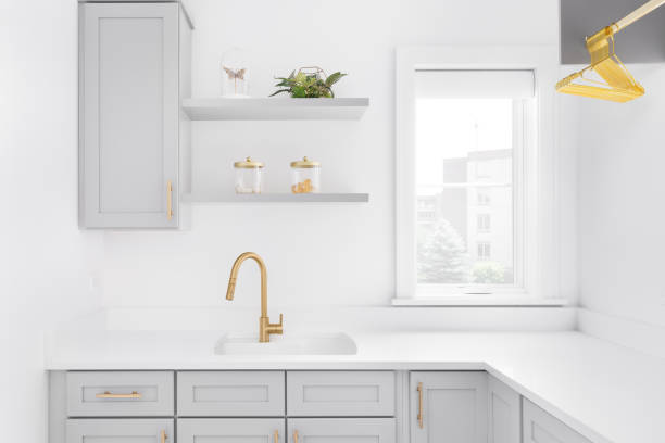 istock A laundry room with grey cabinets and a gold faucet. 1450445917