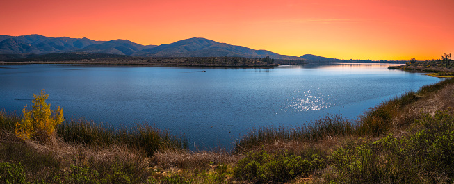 Southern California Nature Winter Landscape Series, tranquil sunset scenery of mountain wilderness and open space preserve at Lower Otay Lake in Chula Vista, USA