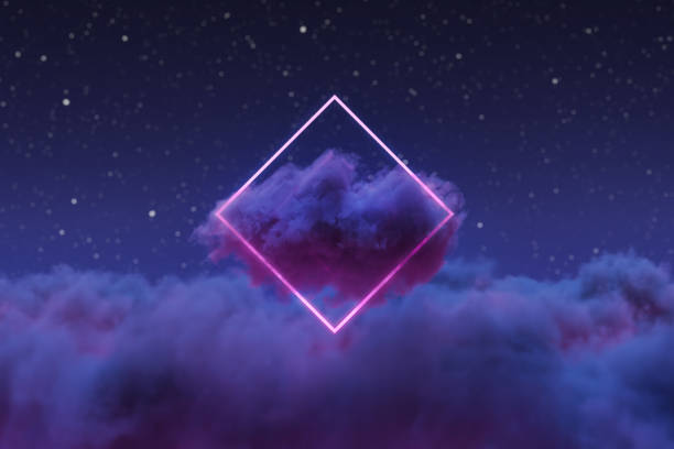istock 3D rendering of neon rotated square shape above fluffy clouds 1450447031