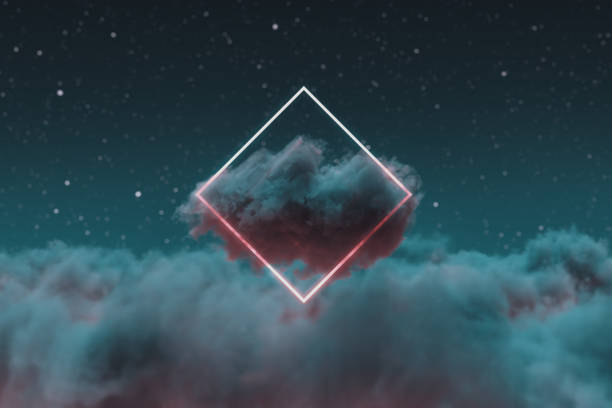 istock 3D rendering of neon rotated square shape above fluffy clouds 1450448401