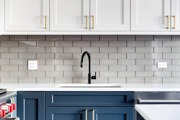 istock A kitchen sink detail shot with white and blue cabinets. 1450448888