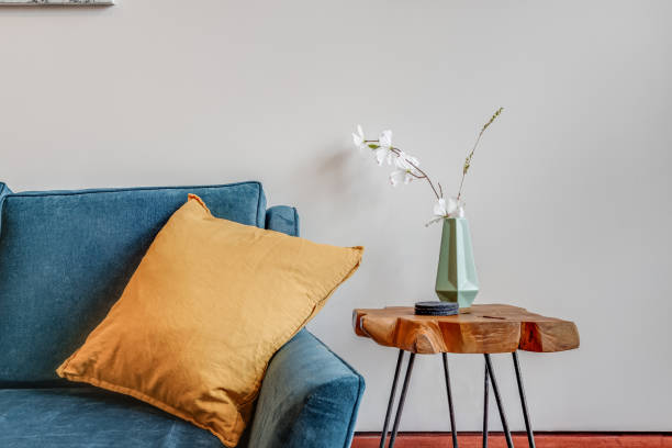 A living room couch and end table detail.
