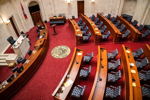 Little Rock, AR, USA - September 9, 2022: The large meeting hall of Senate Chamber in Arkansas State Capitol