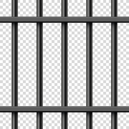 Black realistic metal prison bars. Detailed jail cage, prison iron fence. Criminal background mockup. Creative vector illustration