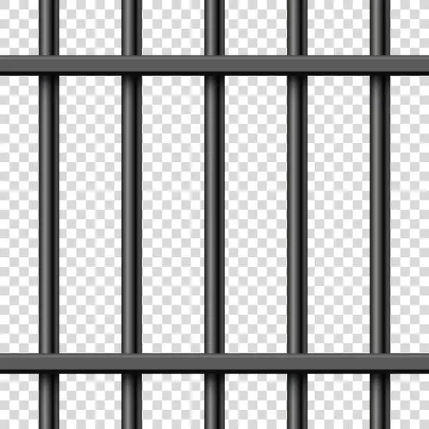 Vector illustration of Black realistic metal prison bars. Detailed jail cage, prison iron fence. Criminal background mockup. Creative vector illustration.